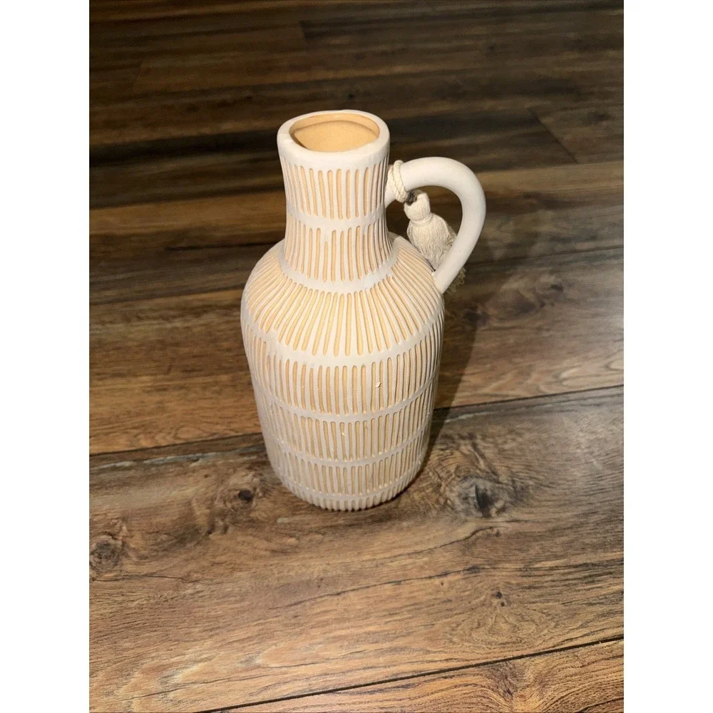 Farmhouse Ceramic Vase Handle Tassel Gray Yellow Striped Rustic Decor Terracotta